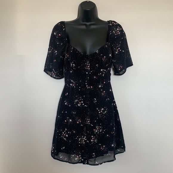 Wild Honey Star Galaxy Print Ruched Bust Button Front Short Sleeve Mini Dress - Picture 3 of 15